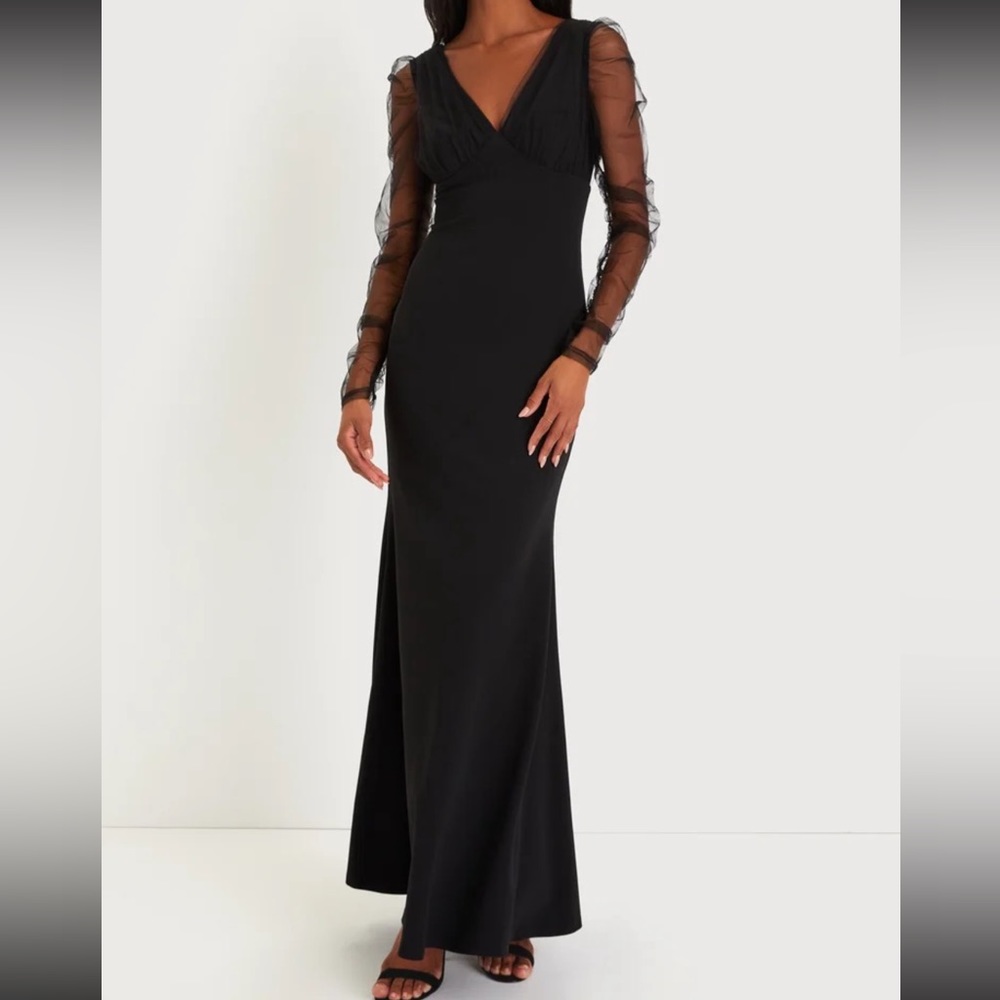 Lulus Red Carpet Energy Black Tulle Long Sleeve Mermaid Maxi Dress